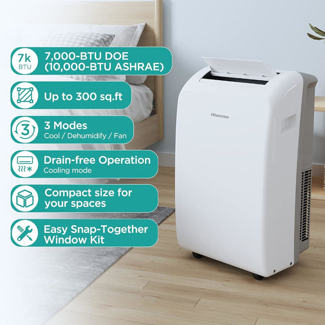 HISENSE 10,500 BTU (SACC 7,000 BTU) 300 SF 3-in-1 Portable Air Conditioner - Factory certified with Home Essentials Warranty