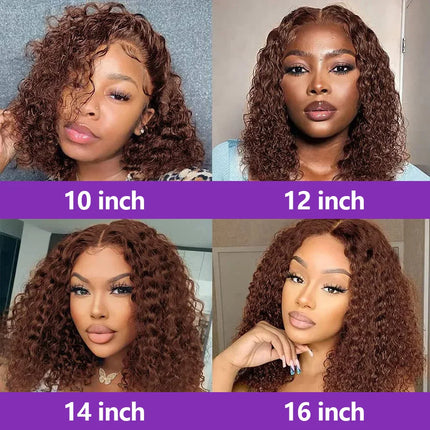 Kinky Curly Brown Deep Wave Short Bob Wig – 13x4 HD Transparent Lace, 16 Inch Brazilian Human Hair