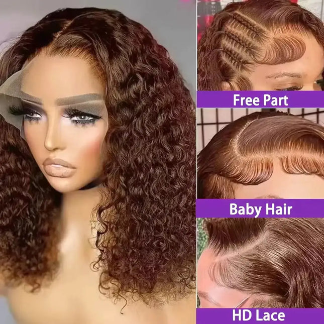 Kinky Curly Brown Deep Wave Short Bob Wig – 13x4 HD Transparent Lace, 16 Inch Brazilian Human Hair