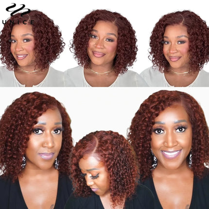 UNice 7x5 Lace Wig – Reddish Brown Curly Bob, Human Hair 150% Density