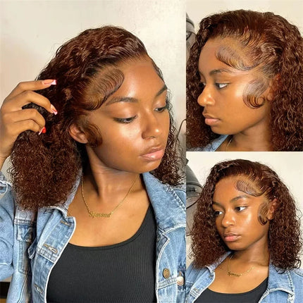 Kinky Curly Brown Deep Wave Short Bob Wig – 13x4 HD Transparent Lace, 16 Inch Brazilian Human Hair