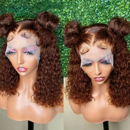 Kinky Curly Brown Deep Wave Short Bob Wig – 13x4 HD Transparent Lace, 16 Inch Brazilian Human Hair