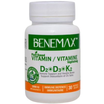 Benemax Health & Wellness PLANT BASED VITAMIN D2+D3+K2, 30 Softgels