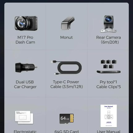 AZDOME M17 Pro 3.0 Inch ADAS Time Lapse Front and Rear 1080p Dual Lens Car Dashboard Camera App Control Car Camera