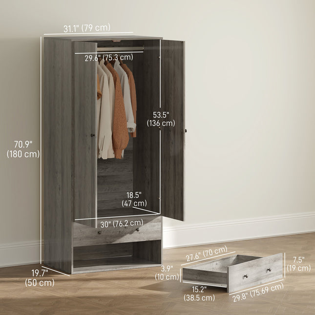 Briar Wardrobe Closet-Armoire with 2 Drawers and Hanging Rod-Grey