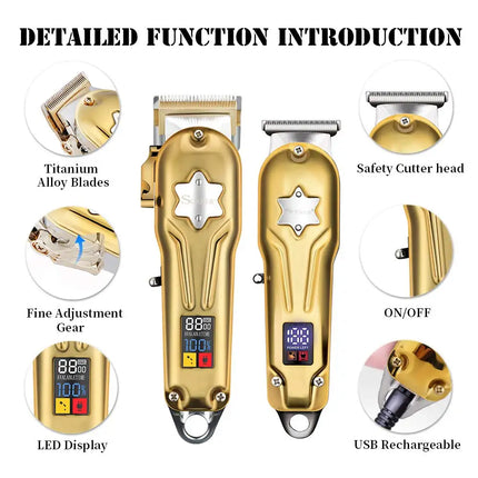 Full Metal Professional Hair Clipper Combo Kit Barber Cordless Hair Trimmer For Men