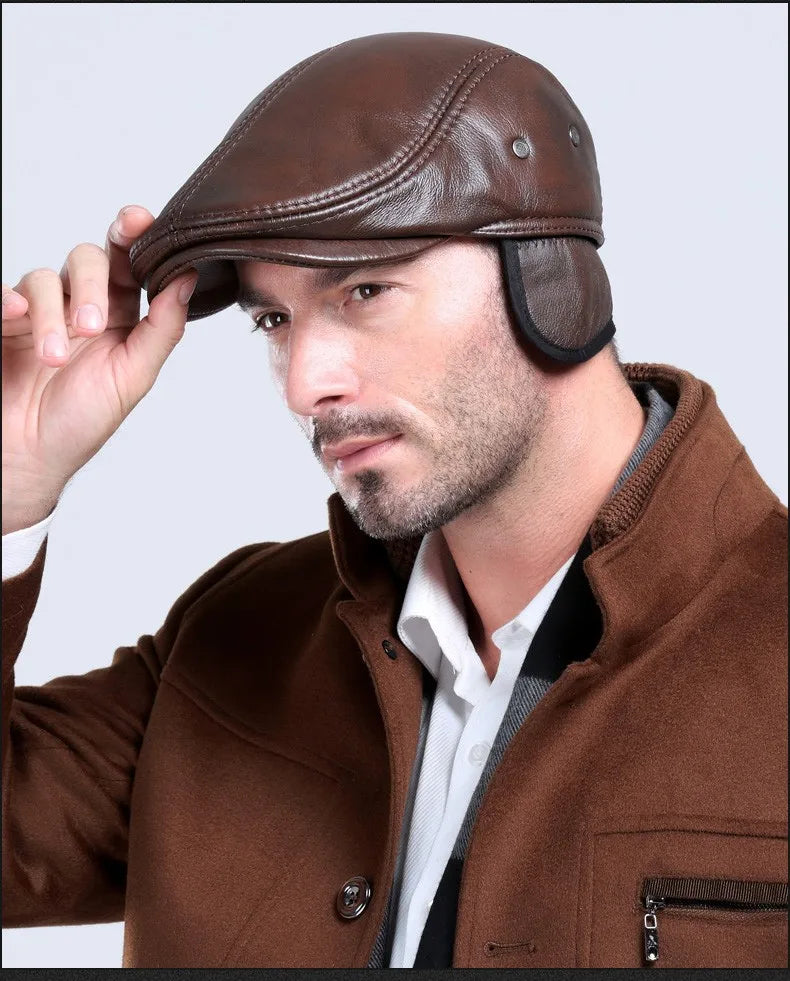 Men's outdoor leather hat winter Berets