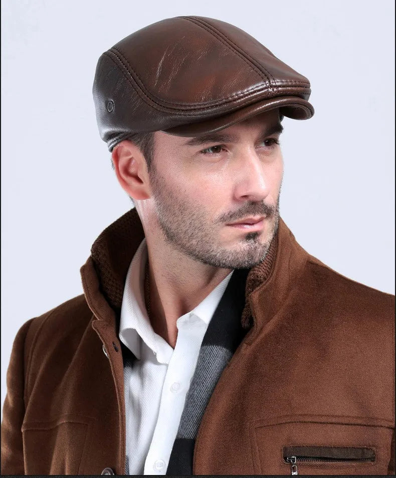 Men's outdoor leather hat winter Berets