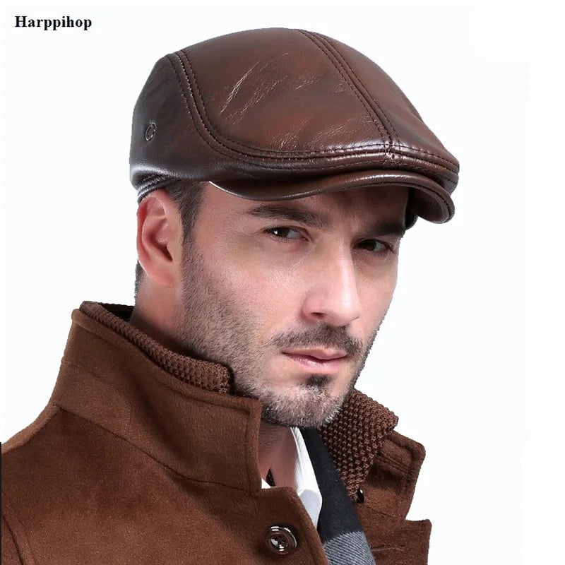 Men's outdoor leather hat winter Berets