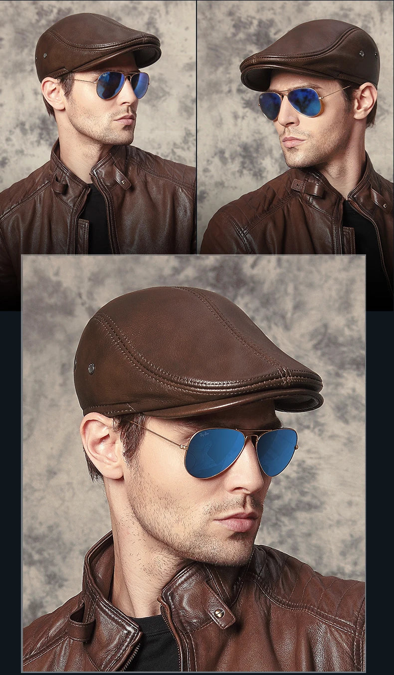 Men's outdoor leather hat winter Berets