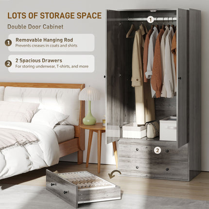 Briar Wardrobe Closet-Armoire with 2 Drawers and Hanging Rod-Grey