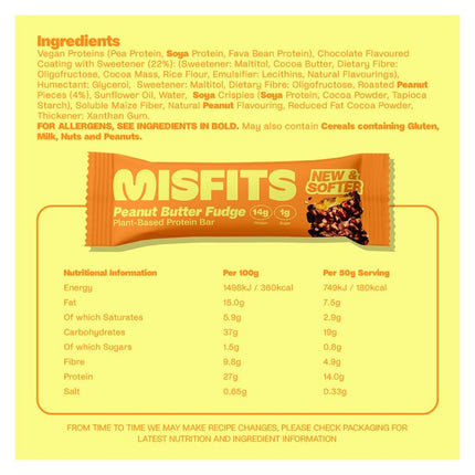 Misfits PLANT BASED PROTEIN BARS, 15 Bars/Box