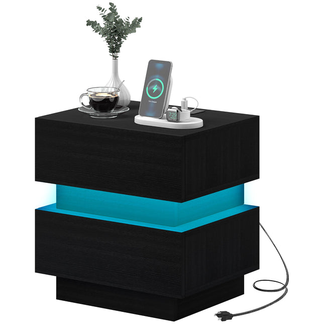 Emma Bedside Table with Charging Station, USB Ports and LED Light-Black