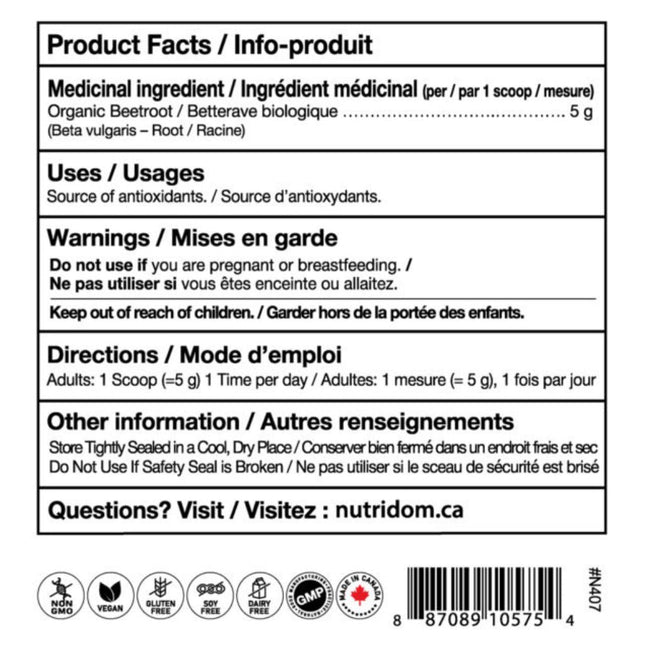 Nutridom RED BEET ROOT POWDER (90 Servings), 454g *Bonus Size