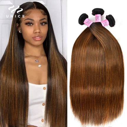 UNice 100% Human Hair Bundles – Brown Balayage Straight, 3PCS Sew-In Weave”