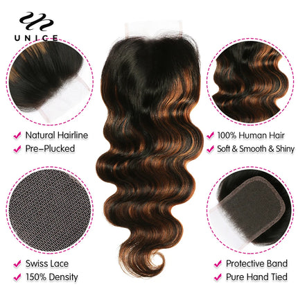 UNice Brazilian Body Wave Hair Bundles with Closure – Honey Blonde Highlights”