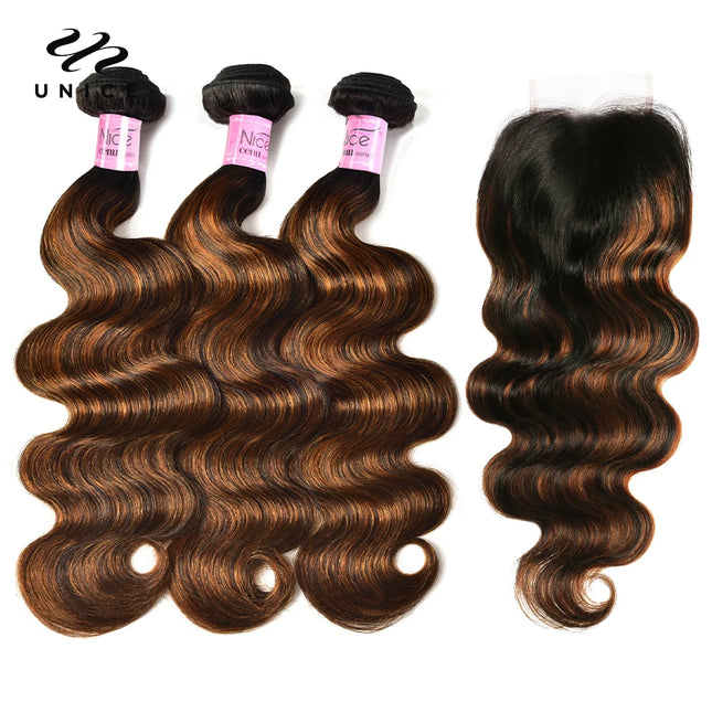 UNice Brazilian Body Wave Hair Bundles with Closure – Honey Blonde Highlights”