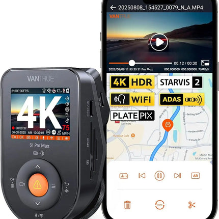 DIBELLAY Vantrue S1 Pro Max 4K Dash Cam – Front STARVIS 2, HDR, Night Vision, 5G WiFi, ADAS, GPS, 24h Parking Mode