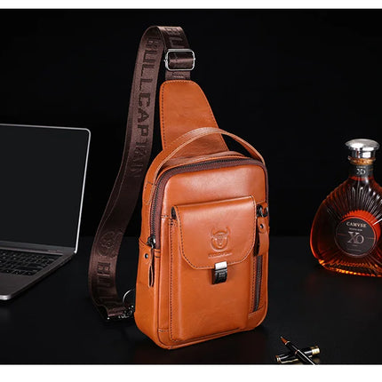 BULLCAPTAIN Men's Genuine Leather Chest Bag Casual Retro 7.9-inch Mobile Phone Bag Multifunctional Anti-Theft Crossbody Bag