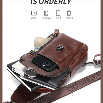 BULLCAPTAIN Men's Genuine Leather Chest Bag Casual Retro 7.9-inch Mobile Phone Bag Multifunctional Anti-Theft Crossbody Bag