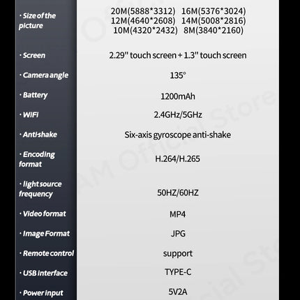 DIBELLAY SJCAM SJ20 4K Dual-Lens Action Camera – Anti-Shake, Waterproof, 5G WiFi, Touch Screen, Motion Detection