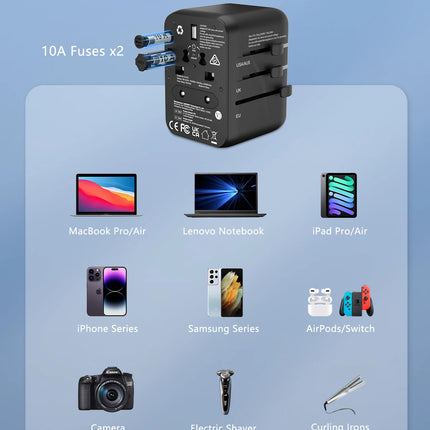 LENCENT Universal Travel Adapter with USB-C PD Fast Charging