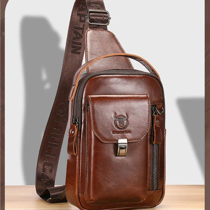 BULLCAPTAIN Men's Genuine Leather Chest Bag Casual Retro 7.9-inch Mobile Phone Bag Multifunctional Anti-Theft Crossbody Bag