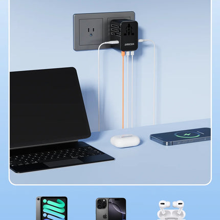 Universal Travel Adapter 45W PD Fast Charger with USB & Type-C Ports