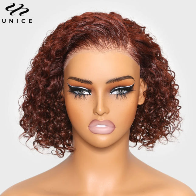 UNice 7x5 Lace Wig – Reddish Brown Curly Bob, Human Hair 150% Density