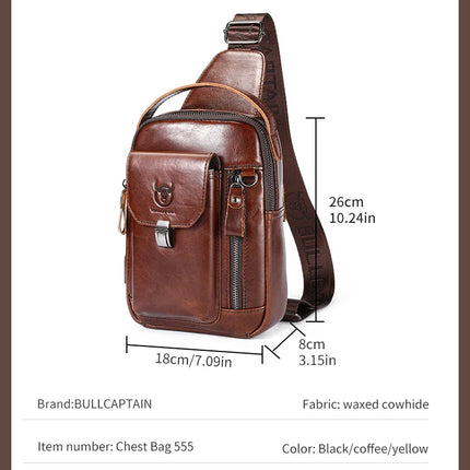BULLCAPTAIN Men's Genuine Leather Chest Bag Casual Retro 7.9-inch Mobile Phone Bag Multifunctional Anti-Theft Crossbody Bag