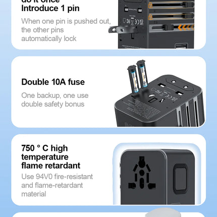 Universal Travel Adapter 45W PD Fast Charger with USB & Type-C Ports