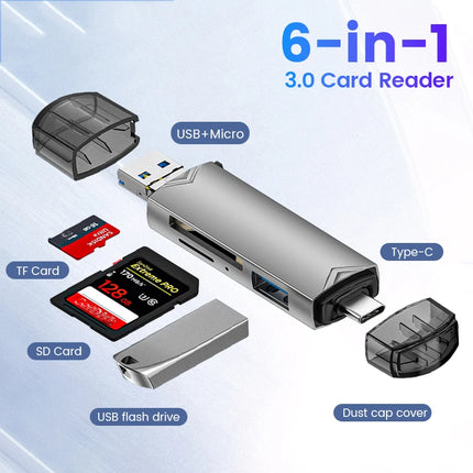 6-in-1 USB 3.0 Card Reader – Type-C & Micro USB OTG