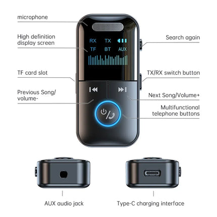 RUTI Bluetooth 5.4 Aux Adapter Audio Receiver Transmitter 3.5mm LED Display for Car/Home Stereo/Wired Headphones/Speaker/TV