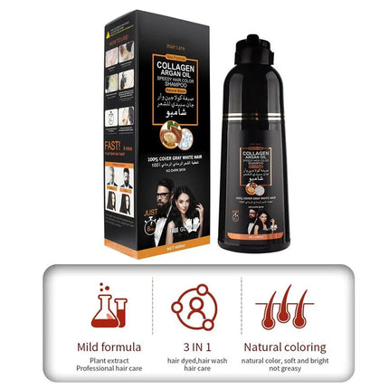 Collagen Argan Oil Black Hair Dye Shampoo 400ml 3-in-1 Nourishing Formula for Gray Hair, Long-Lasting Color for Men Women
