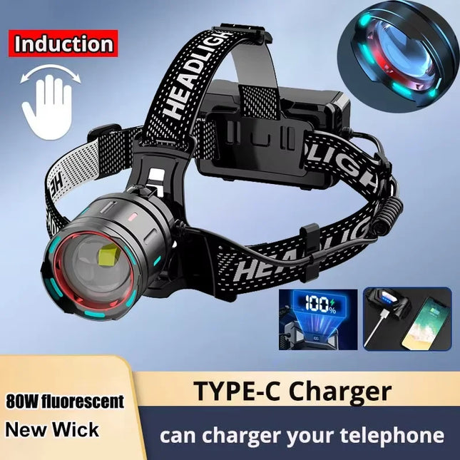 800W Rechargeable LED Headlamp with IR Sensor for Fishing & Camping