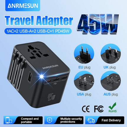 Universal Travel Adapter 45W PD Fast Charger with USB & Type-C Ports