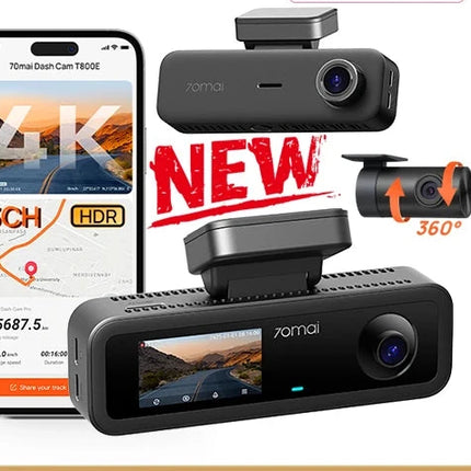 DIBELLAY 70mai T800E 4K 3-Channel Dash Cam – Front/Rear/Interior, Voice Control, 24h Parking, GPS,