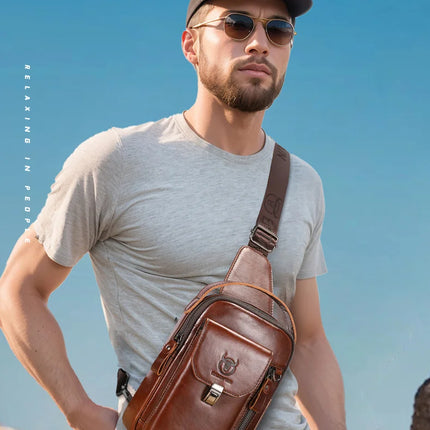 BULLCAPTAIN Men's Genuine Leather Chest Bag Casual Retro 7.9-inch Mobile Phone Bag Multifunctional Anti-Theft Crossbody Bag