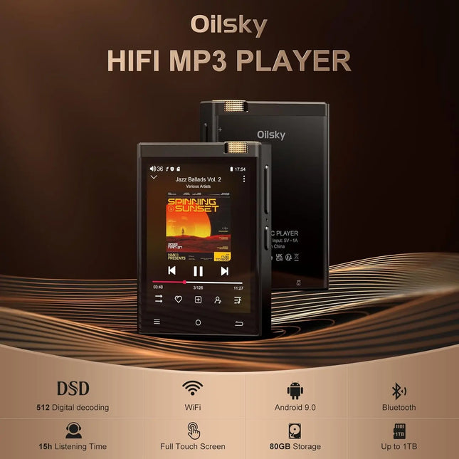 DIBELLAY Oilsky Hi-Fi MP3 Player – Bluetooth/WiFi, Lossless DSD Audio, 64GB (Expandable to 1TB)