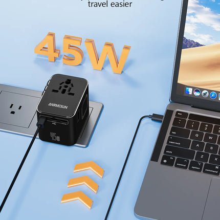 Universal Travel Adapter 45W PD Fast Charger with USB & Type-C Ports
