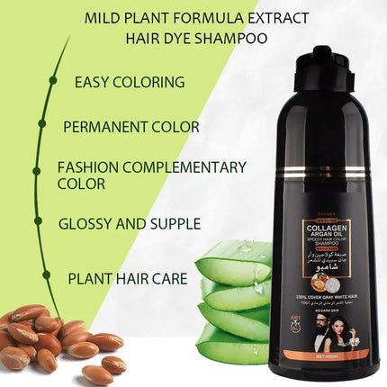 Collagen Argan Oil Black Hair Dye Shampoo 400ml 3-in-1 Nourishing Formula for Gray Hair, Long-Lasting Color for Men Women