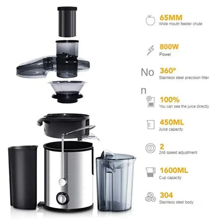 800W Fruit & Vegetable Juicer – Stainless Steel, Powerful & Easy Cleaning