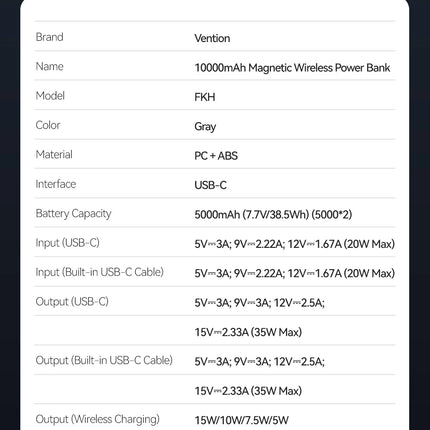 Dibellay Vention 35W Qi2 Magnetic 10000mAh Wireless Power Bank – 15W Fast Charger for iPhone 16/15/14