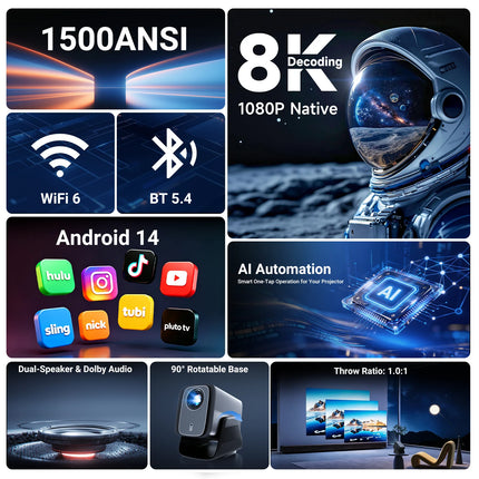 LynCast X5AR Projector 1080P, Android 14, WiFi 6, BT 5.4, Auto Keystone
