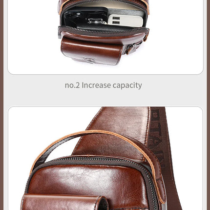 BULLCAPTAIN Men's Genuine Leather Chest Bag Casual Retro 7.9-inch Mobile Phone Bag Multifunctional Anti-Theft Crossbody Bag