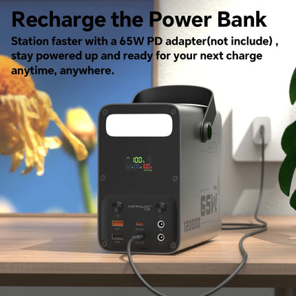120000mAh LiFePO4 Power Bank 65W PD Portable Power Station