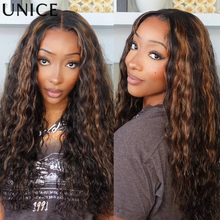 UNice Water Wave Wig – Golden Brown Highlights, 7x5 Lace, Pre-Cut & Glueless