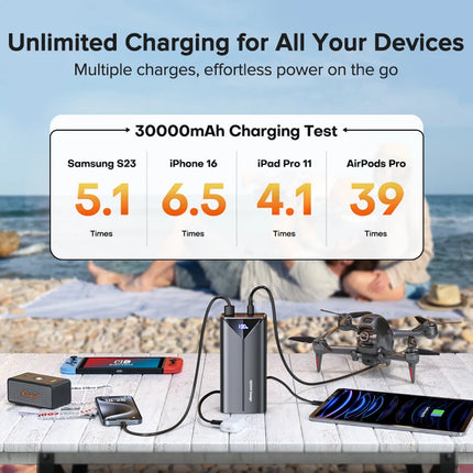 QOOVI 30000mah Power Bank 22.5W Fast Charging Built-in Cable External Large Battery Portable
