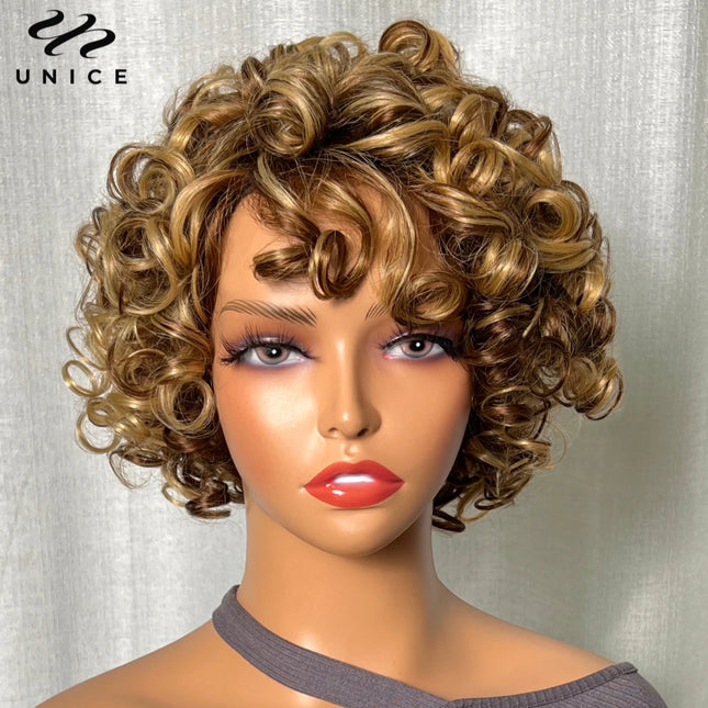 UNice Blonde Curly Wig – 100% Human Hair, Short 8" Afro with Bangs”