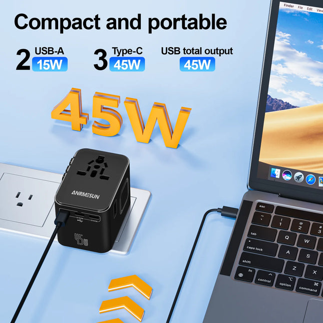 Universal Travel Adapter 45W PD Fast Charger with USB & Type-C Ports